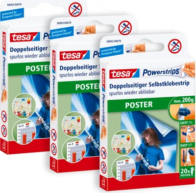 Produktbild von tesa Powerstrips POSTER (3 x 20 Stck.) Kebestrips - selbstklebend - bis 200 g