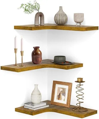 Image de Ensemble de 3 étagères d'angle en forme de L Unyqoos® – Marron vintage, panneaux de particules, fixations murales invisibles, capacité jusqu'à 16 kg, pour cuisine, salon, salle de bain