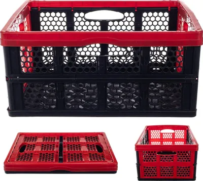 A collage of three images showing a foldable storage crate in different states: fully assembled, folded flat, and partially assembled.