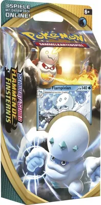 A product package for a Pokemon trading card game deck, featuring artwork and a sample card.