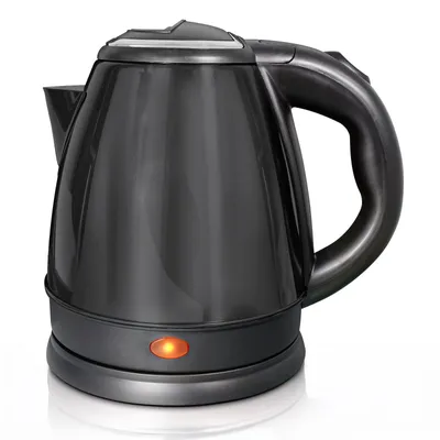 A black electric kettle with a red indicator light is shown against a white background.