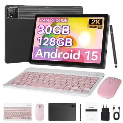 Obrázek produktu pro 10palcový tablet, 30 GB RAM, 128 GB, Android 15, 6200 mAh, s klávesnicí, myší a stylusem, Wi-Fi 6, BT 5.4, černý