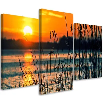 Produktbild von Triptychon auf leinwand sonnenuntergang über dem wasser 150x100 cm Feeby orange wandbild bereit zum aufhängen