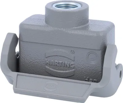 Produktbild von HARTING Han 10A Kupplungsgehäuse niedrig, 1xM16 gerader Kabelabgang, mit 1 Längsbügel Verschraubung M16 Klemmbereich
