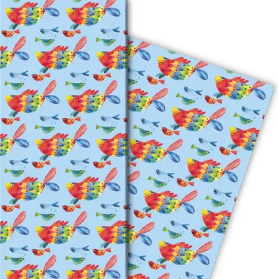 Produktbild von Lustiges Geschenkpapier mit Regenbogen Fischen auf blau - G7560, 32 x 48cm