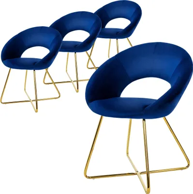 Four blue velvet chairs with gold metal frames are arranged on a white background.