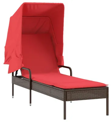 Image de Chaise longue avec pare-soleil vidaXL, en polyrotin marron