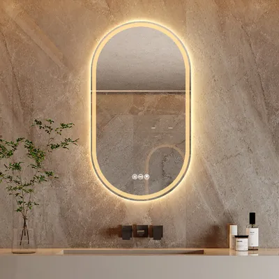 A modern bathroom vanity with an oval LED mirror, a plant, and toiletries.