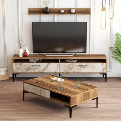 Produktbild von Skye Decor, Istanbul - Walnut, White Marble, Wohnzimmer, Wohnzimmermöbel-Set, Nussbaum, 180 x 47 x 35 cm