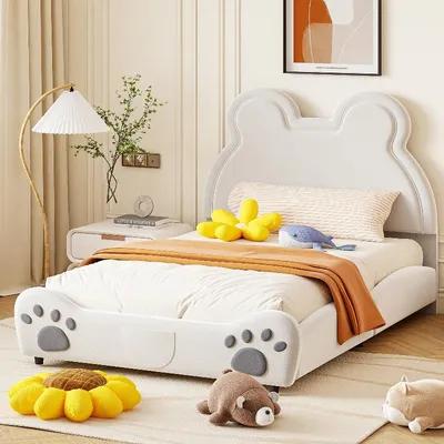 Immagine prodotto di Letto per bambini 140x200 cm, imbottito a forma di orso, rivestito in velluto bianco, con 12 listelli, letto singolo imbottito per la cameretta dei bambini
