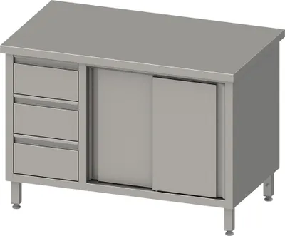 Produktbild von Arbeitsschrank mit Schiebetüren, 1400x600x850 mm, mit 3er Schubladenblock links, ohne Aufkantung, verschweißt