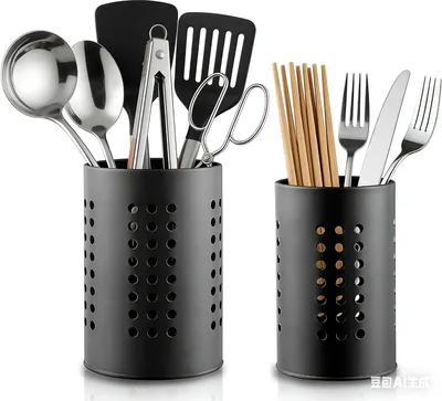 Produktbild von 2 schwarze Küchenutensilienhalter, runder Besteckkorb aus Edelstahl, Organizer und Abtropfkorb für Küchenhelfer