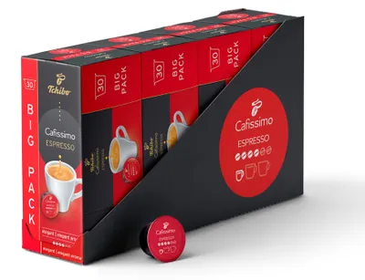Produktbild von Tchibo Cafissimo Espresso elegant Kaffeekapseln, 120 Stück – 4x30 Kapseln (Kaffee, ausdrucksstark mit vollem Aroma), nachhaltig & fair gehandelt