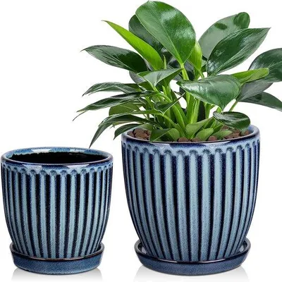 Image de Pots de fleurs en céramique - Pots de fleurs modernes - 13 cm et 15 cm - Bleu