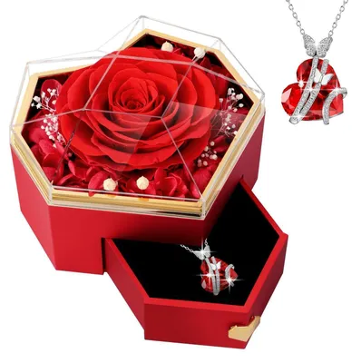 Immagine prodotto di Confezione regalo "Rosa Eterna" con ciondolo a forma di cuore, rosa rossa stabilizzata, regalo per donne