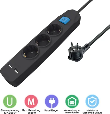 Zdjęcie produktu dla Listwa zasilająca ORSEM 3-gniazdkowa / kabel 3 m Listwa zasilająca IP 20 z 2 gniazdami USB 3680 W z wyłącznikiem i zabezpieczeniem przed dziećmi Gniazdo USB Czarne