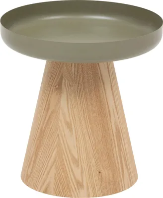 A side view of a small table with a green tray top and a wooden cone-shaped base.