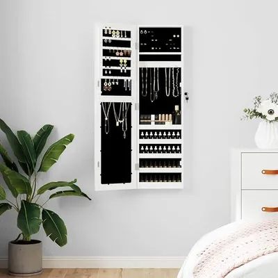 Produktbild von Spiegel Schmuckschrank Wandmontage Weiß 30x8,5x106 cm mit abschließbarer Tür, großer Spiegel, Haken Bügel Ablagen, für Bad Schlafzimmer Flur, Stauraum für Schmuck und Parfums