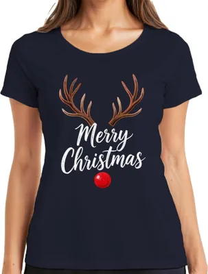 Produktbild von Merry Christmas Rentier Rudolph Geweih rote Nase Weihnachten Damen T-Shirt, Navy, L