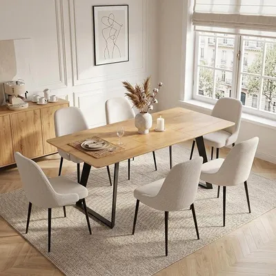 Produktbild von Esstisch mit 4-6 Stühlen Set Ausziehbarer Esstisch 130–170 cm – Essgruppe MDF-Tischplatte & Metallgestell, Küchentisch/Esszimmertisch für 4–6 (1 Esstisch + 6 Beige Stühle)