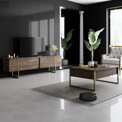 Produktbild von skye-decor, Luxe Wohnzimmermöbel-Set, Walnuss Gold, 180x47x30 cm & 90x39x40 cm, aus 18 mm melaminbeschichteter Spanplatte, 15 cm hohe PVC-Beine, Hergestellt in der Türkei