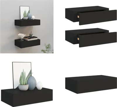 Produktbild von vidaXL Wandregale mit Schubladen 2 Stk. Schwarz 40x23,5x10 cm MDF - Schubladenregal - Schubladenregale - Wandregal - Wandregale