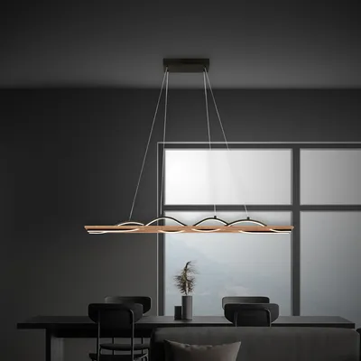 Image de Briloner Vinka Lampe LED suspendue,Reproduction bois, forme de vague, lumière blanche chaude, noir-bois, 98 x 11 x 120 cm