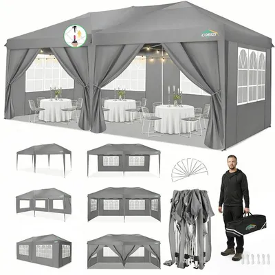 Image de Pavillon de jardin 3x6 mètres, gris, avec 6 parois latérales, imperméable, protection UV, structure stable