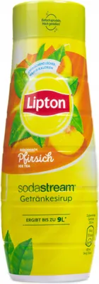 A bottle of SodaStream Lipton Ice Tea Peach syrup against a white background.