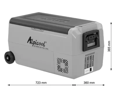 A gray and black portable cooler with wheels, shown from a side angle.