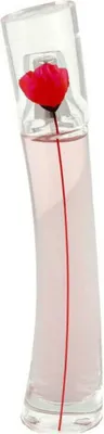A clear studio shot of a perfume bottle with a red flower inside.