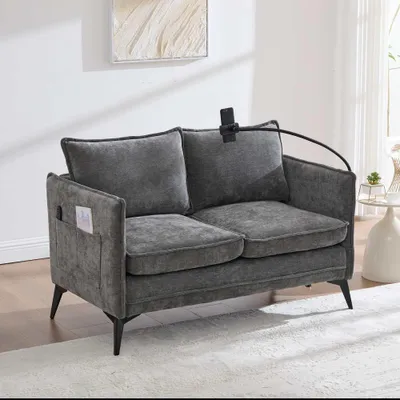 Image de Canapé 2 places AIORBER avec support pour téléphone portable et poches latérales, petit canapé en tissu chenille, canapé deux places moderne pour salon, chambre à coucher ou balcon, gris