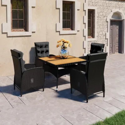 Produktbild von The Living Store 5-tlg. Garten-Essgruppe Poly Rattan und Akazienholz Schwarz