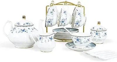 Produktbild von PromoHome® 15-teiliges Porzellan-Teegeschirr mit blauem Rosenmuster, Teekanne mit Tassen und Zubehör