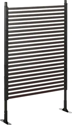A decorative fence panel with horizontal slats, standing on a white background.