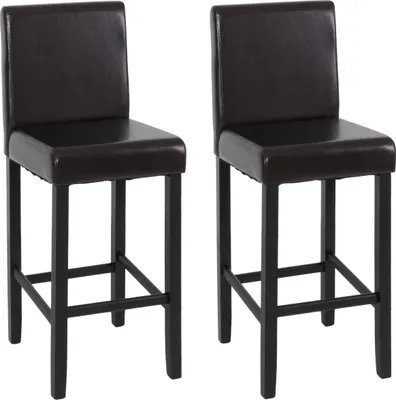 Two brown bar stools with dark legs are shown against a white background.