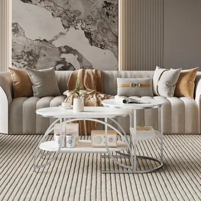 Immagine prodotto di Tavolino quadrato in marmo bianco con struttura in metallo argentato - design moderno, stabile e versatile