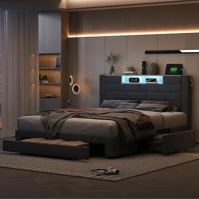 Imagen del producto de Cama tapizada de 140x200, estructura de cama de 140x200 cm en color gris, cama doble de 140x200 cm, tapizada en terciopelo con iluminación LED y puerto USB, con cajones de almacenamiento debajo de la cama