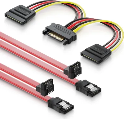Produktbild von deleyCON SATA Kabel Set 2X SATA III Kabel mit 1x 90° Stecker + Y Strom Adapter Kabel - SSD HDD Festplatte