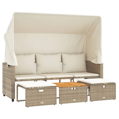 Image de vidaXL Canapé d'extérieur 3 places avec toit et tabourets Beige Poly rotin
