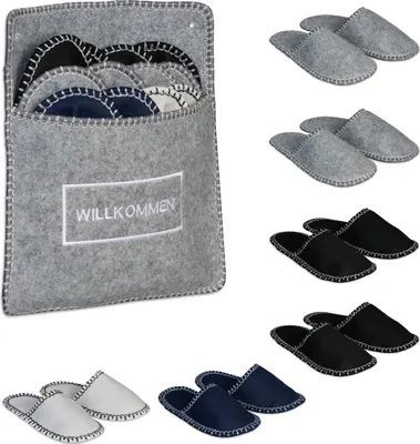 Produktbild von Relaxdays Gästehausschuhe 6 Paar, Hausschuhe Set mit Tasche, Größen 36-45, Filzpantoffeln, Antirutsch-Sohle, mehrfarbig