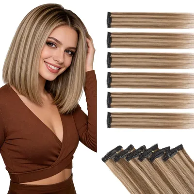 Obrázok produktu pre Clip-in predlžovanie vlasov, prírodné vlasy, 6 kusov, balayage, zvýraznenie, rovné, farba #4/27, čokoládovohnedá/tmavohnedá, dĺžka 40 cm, váha 40 g