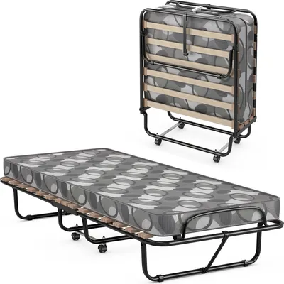 Obrázok produktu pre Posteľ pre hostí COSTWAY 80x190 cm s penovým matracom, jednolôžko skladacie na kolieskach, kovová posteľ, skladacia posteľ, skladacia posteľ do 130 kg, nosnosť sivá