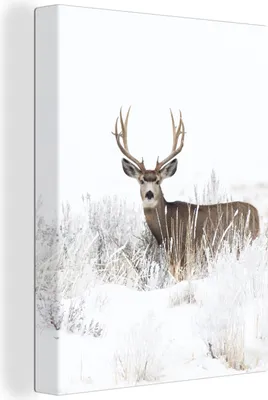 Produktbild von MuchoWow® - Leinwandbilder - Hirsche - Winter - Schnee - Tiere - Jahreszeiten - Weiß, Wandbild, Wanddeko Bilder Wohnzimmer, 90x120 cm