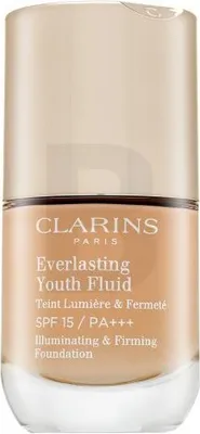 A close-up studio shot of a Clarins foundation bottle.