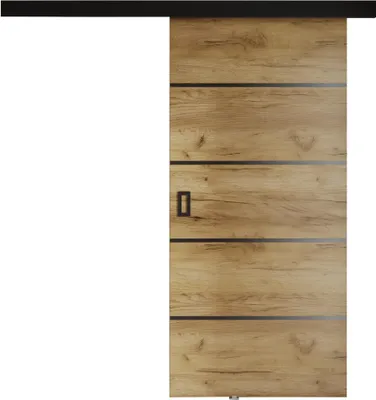 A sliding door with a wood grain finish and black accents, mounted on a black track.