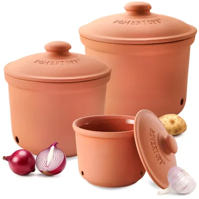 Obrázok produktu pre Sada 3 kusov hrncov Romertopf: hrniec na zemiaky, hrniec na cibuľu, hrniec na cesnak, terakota