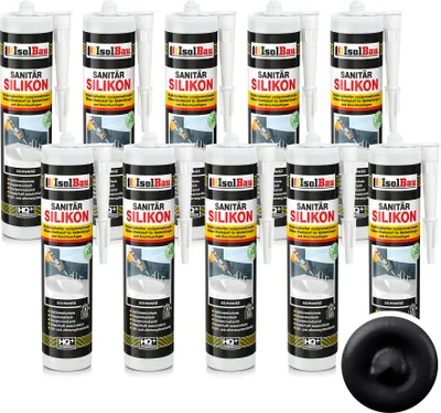 Produktbild von Isolbau Sanitär Silikon 10 x 300 ml Schwarz - Hochelastischer Silikon-Dichtstoff für Abdichtungen & Fugen – Schimmelresistent, wasserdicht - Kartusche