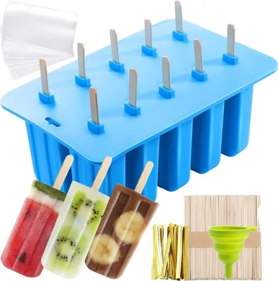 Produktbild von Silikon-Eisformen, 10er-Set, wiederverwendbare DIY-Eisformen zum Stieleis, mit 50 Einwegbeuteln, 50 Holzstäbchen, 1 Trichter und 100 % lebensmittelechtem Silikon – BPA-frei