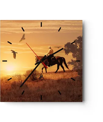 Produktbild von Wanduhr - Quadrat - Glasuhr - Pferd Cowboy Bauernhof Reiten - 30x30cm - Schleichendes Uhrwerk - Lautlos - zum Aufhängen bereit - Dekoration Modern - Wanddekoration aus Glas - C3AC30x30-2955